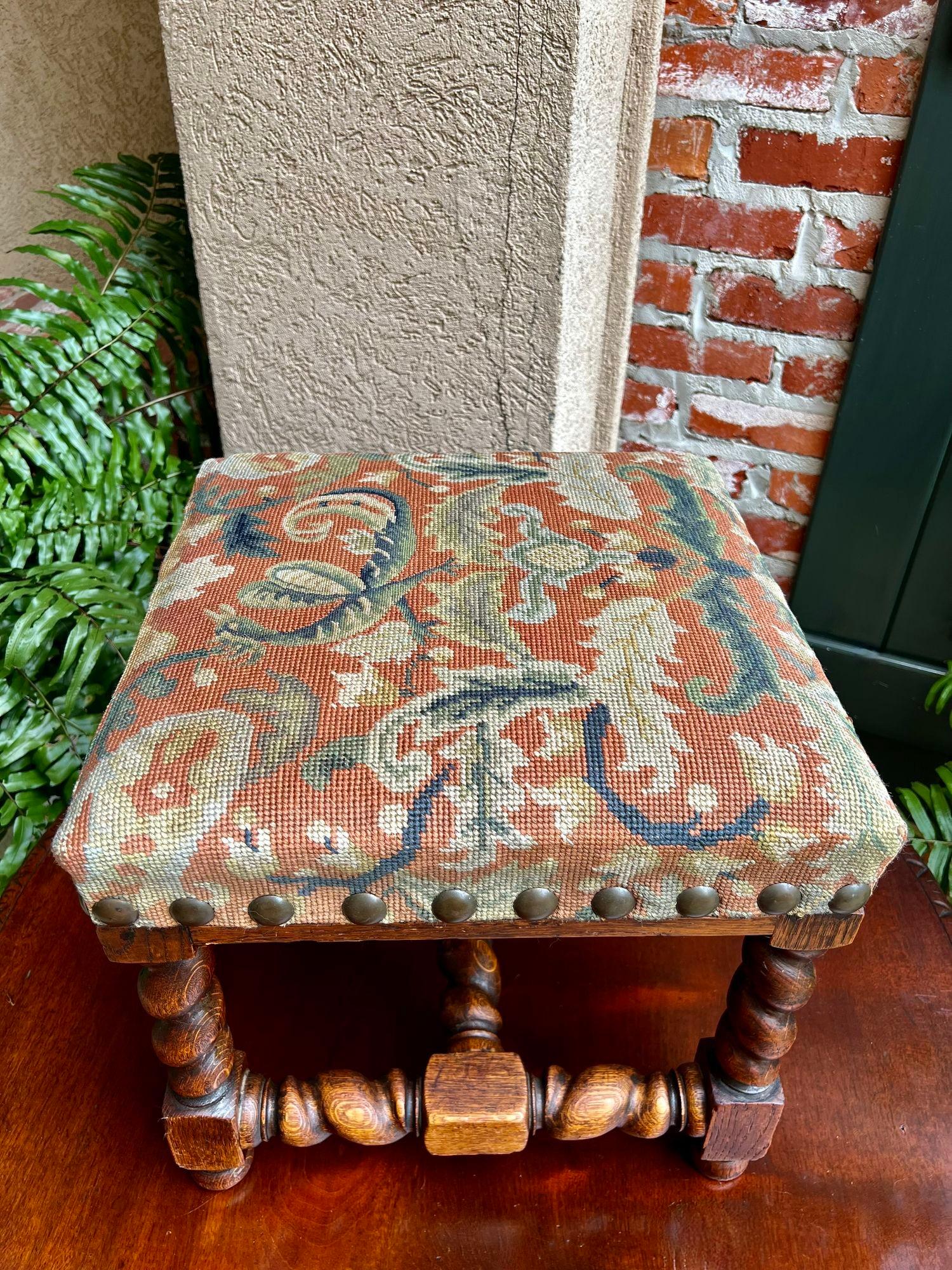 Antique English Barley Twist Stool Bench Oak Tapestry Needlework Square c1900 1