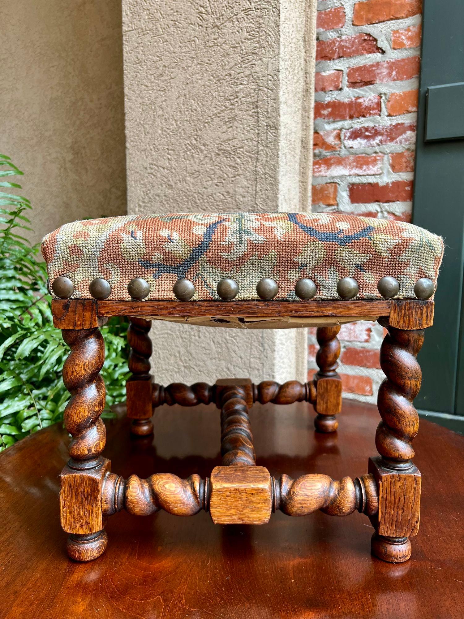 Antique English Barley Twist Stool Bench Oak Tapestry Needlework Square c1900 2