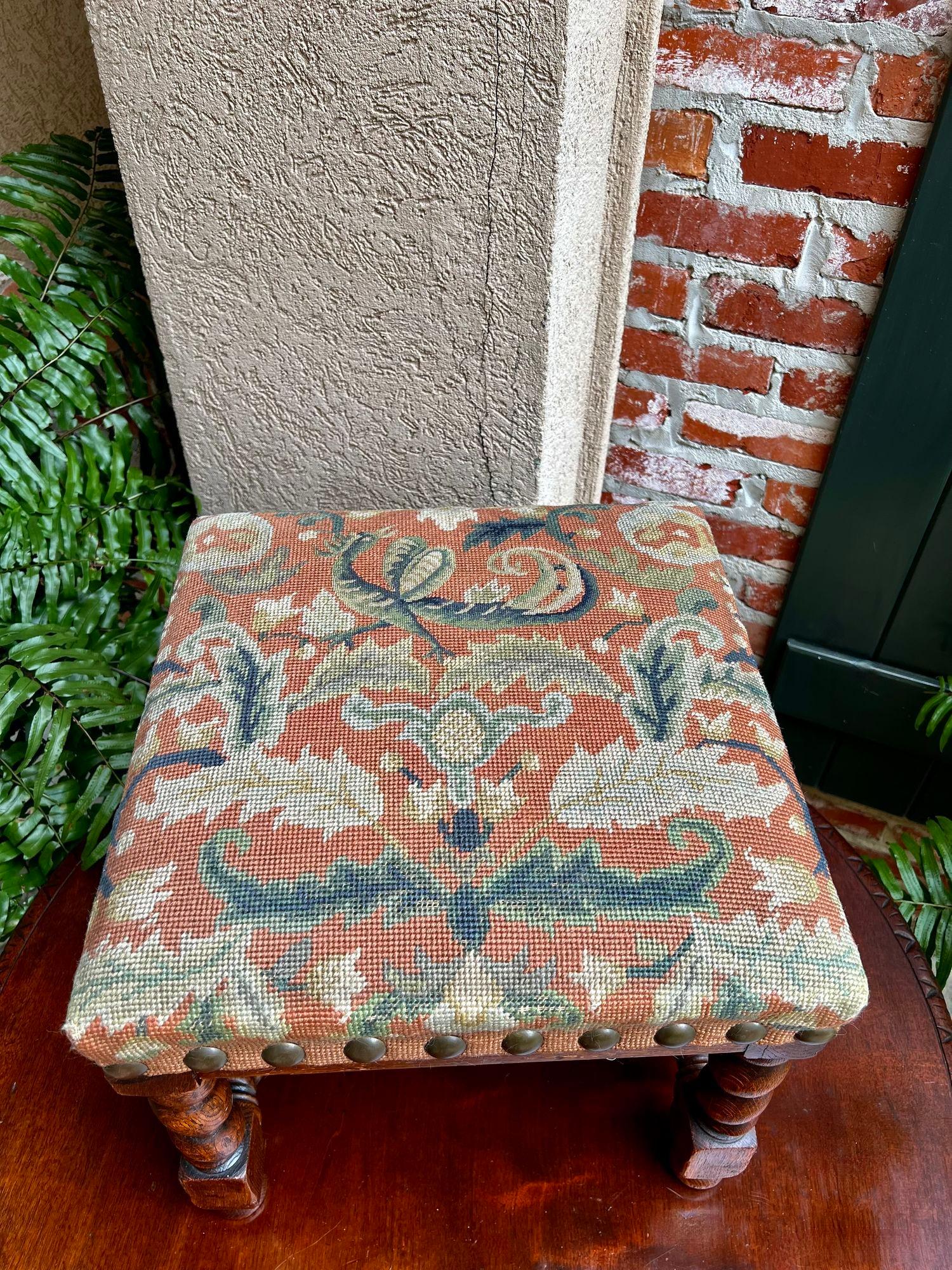 Antique English Barley Twist Stool Bench Oak Tapestry Needlework Square c1900 3