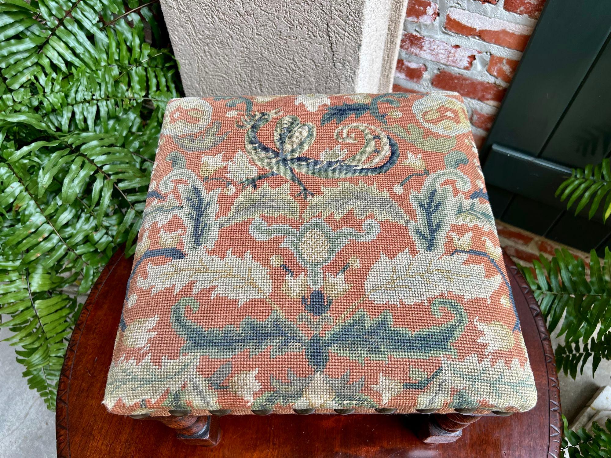 Antique English Barley Twist Stool Bench Oak Tapestry Needlework Square c1900 4