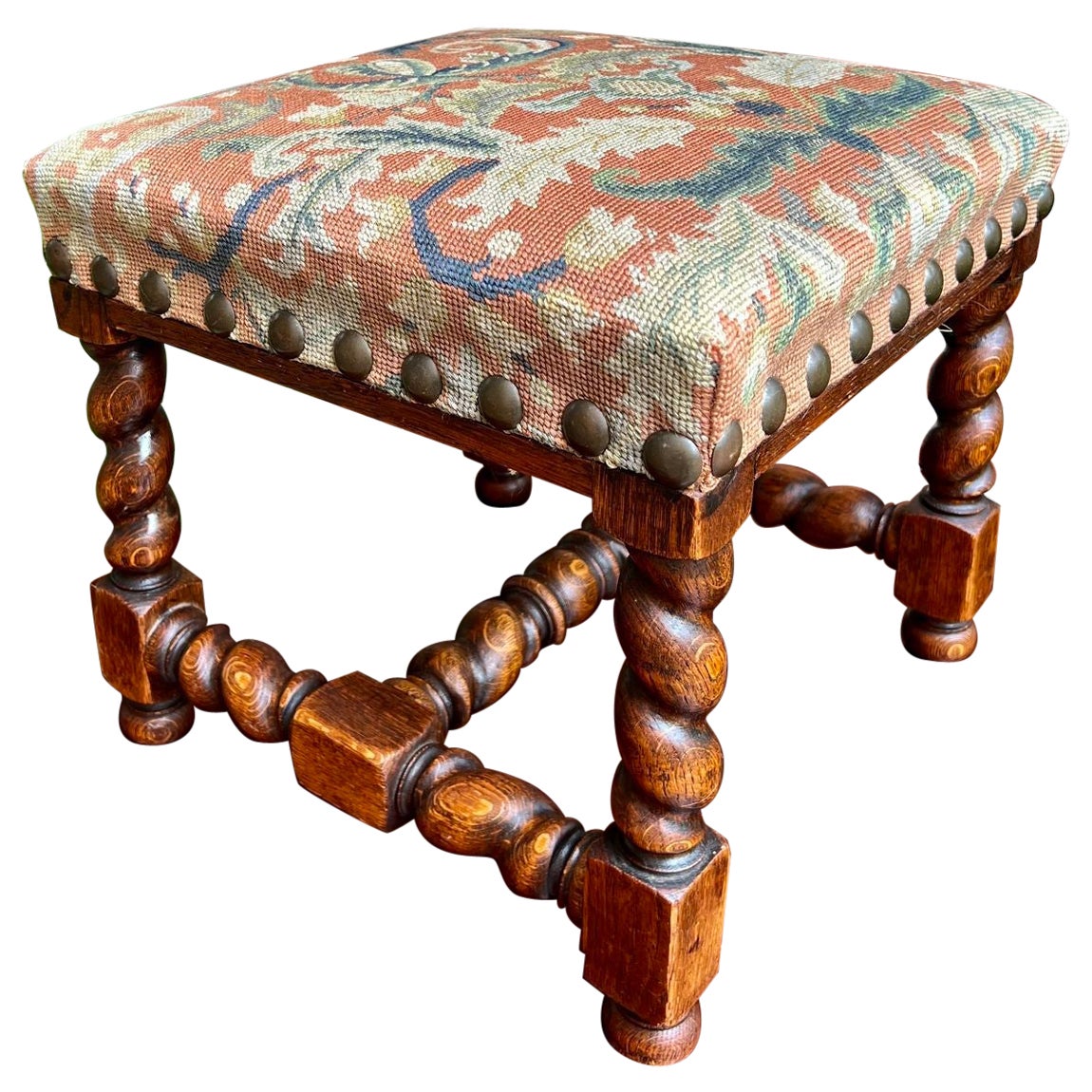 Antique English Barley Twist Stool Bench Oak Tapestry Needlework Square c1900