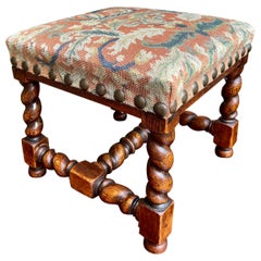 Antique English Barley Twist Stool Bench Oak Tapestry Needlework Square c1900