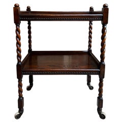 Antique English Barley Twist Tea Trolley Bar Cart Table Tiger Oak Dumbwaiter