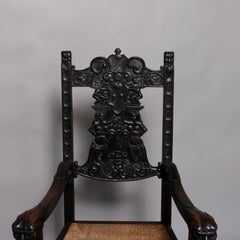 English Baroque Figural Carved Oak Rush Seat Throne Arm Chair, circa 1890