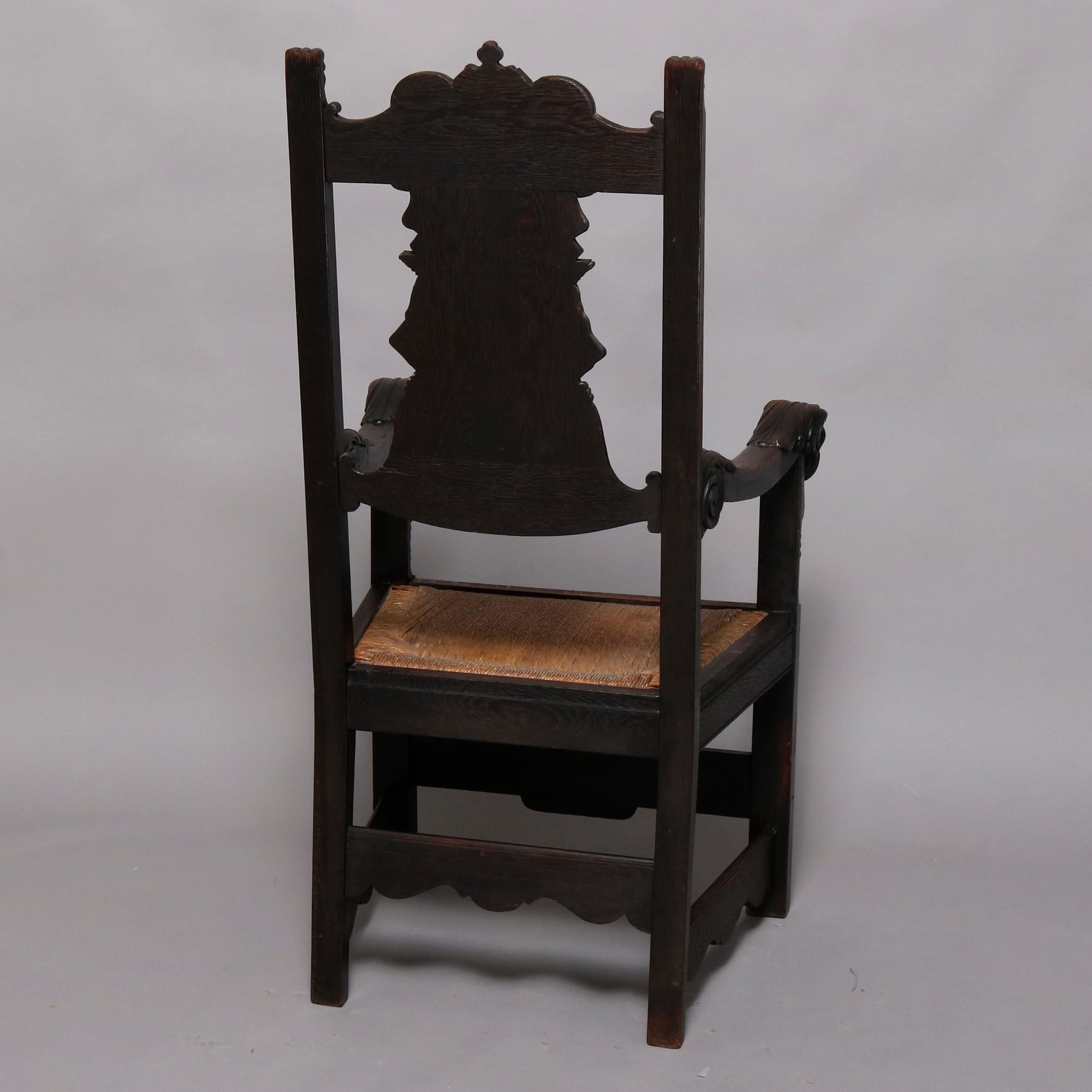 Hand-Carved English Baroque Figural Carved Oak Rush Seat Throne Arm Chair, circa 1890