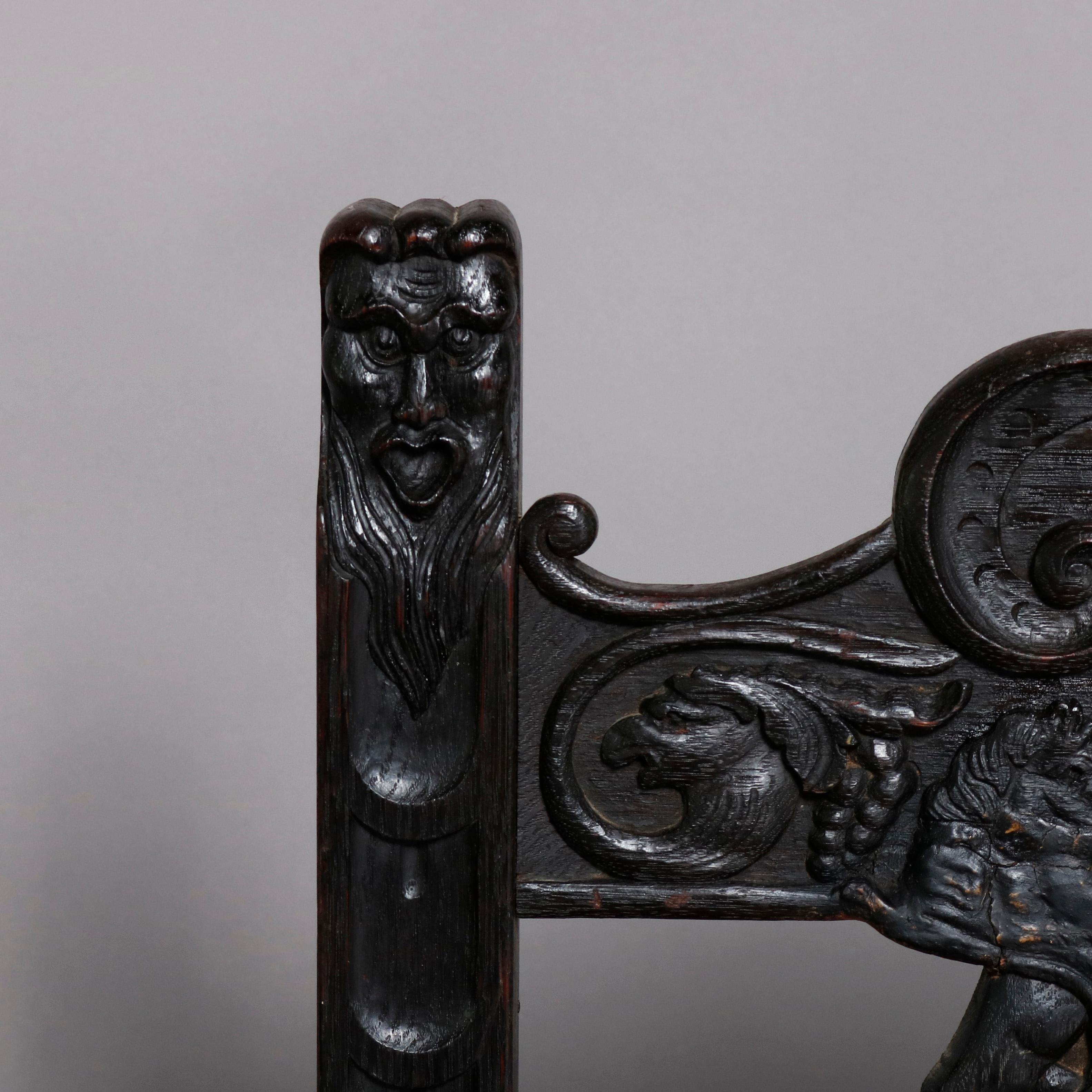 English Baroque Figural Carved Oak Rush Seat Throne Arm Chair, circa 1890 In Good Condition In Big Flats, NY