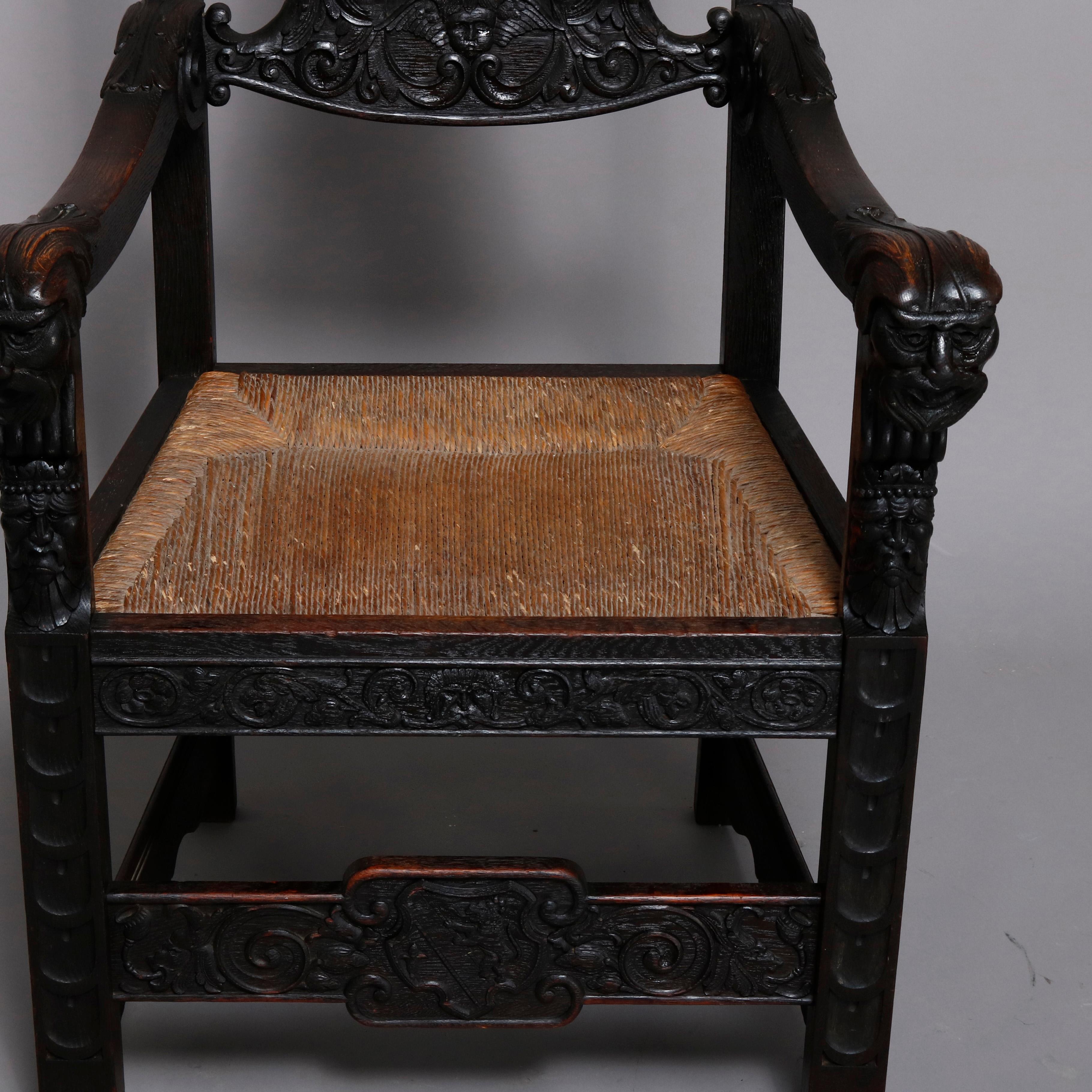 English Baroque Figural Carved Oak Rush Seat Throne Arm Chair, circa 1890 2