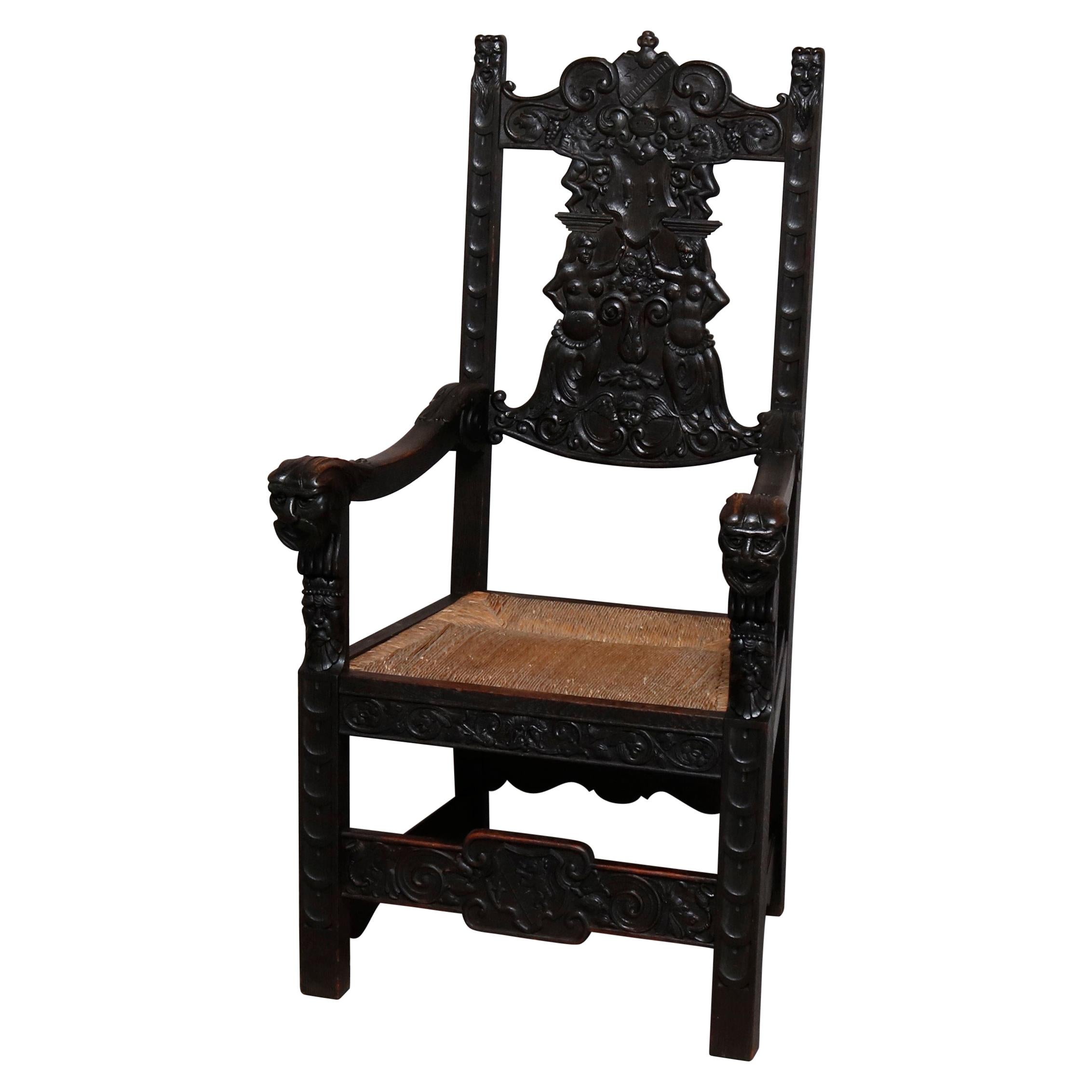 English Baroque Figural Carved Oak Rush Seat Throne Arm Chair, circa 1890