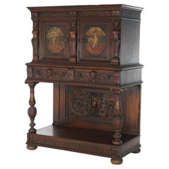 Antique English Baroque Heavily Carved Walnut Figural Credenza with Knights