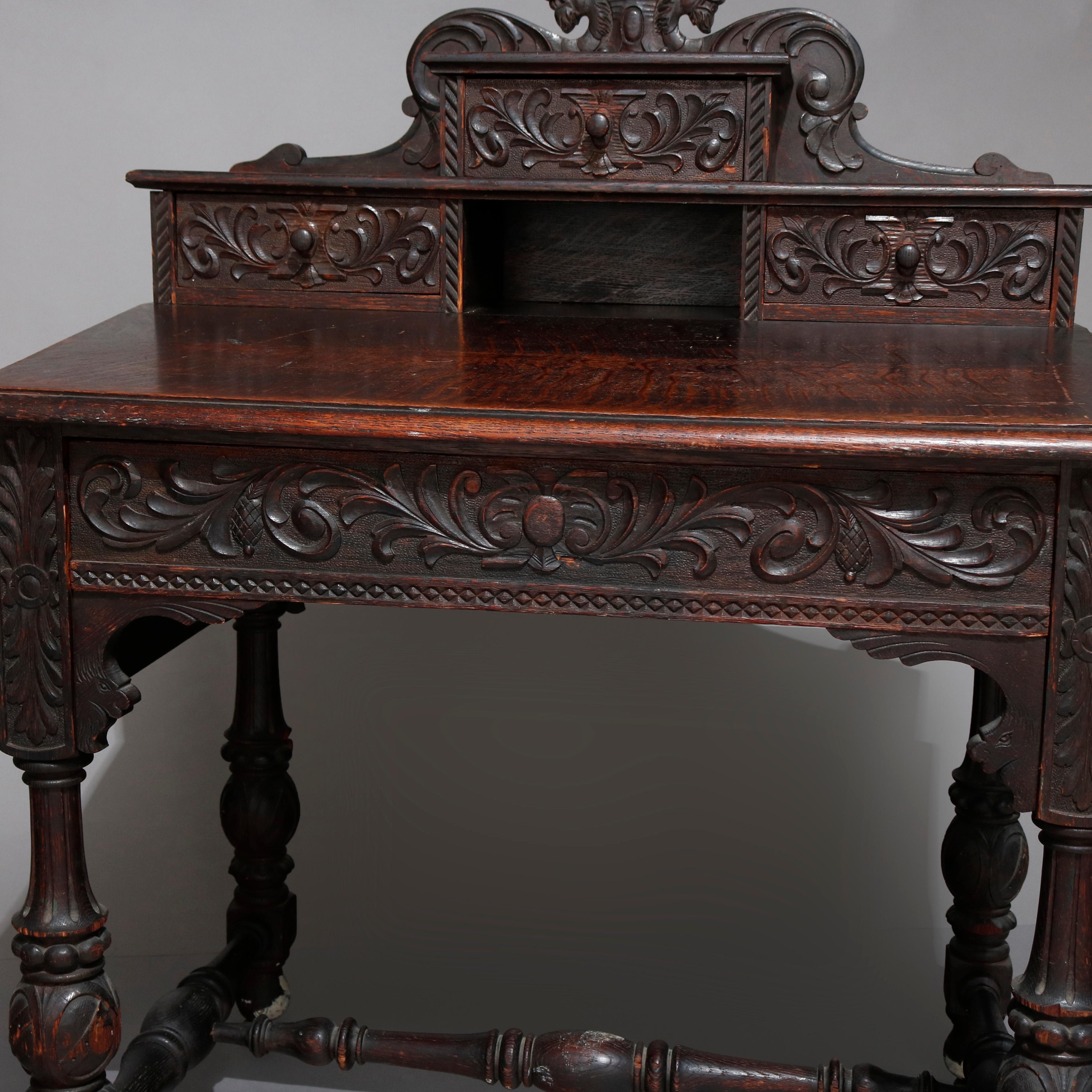 Antique English Baroque Heavily Foliate Carved Slant-Front Plantation Desk In Good Condition In Big Flats, NY