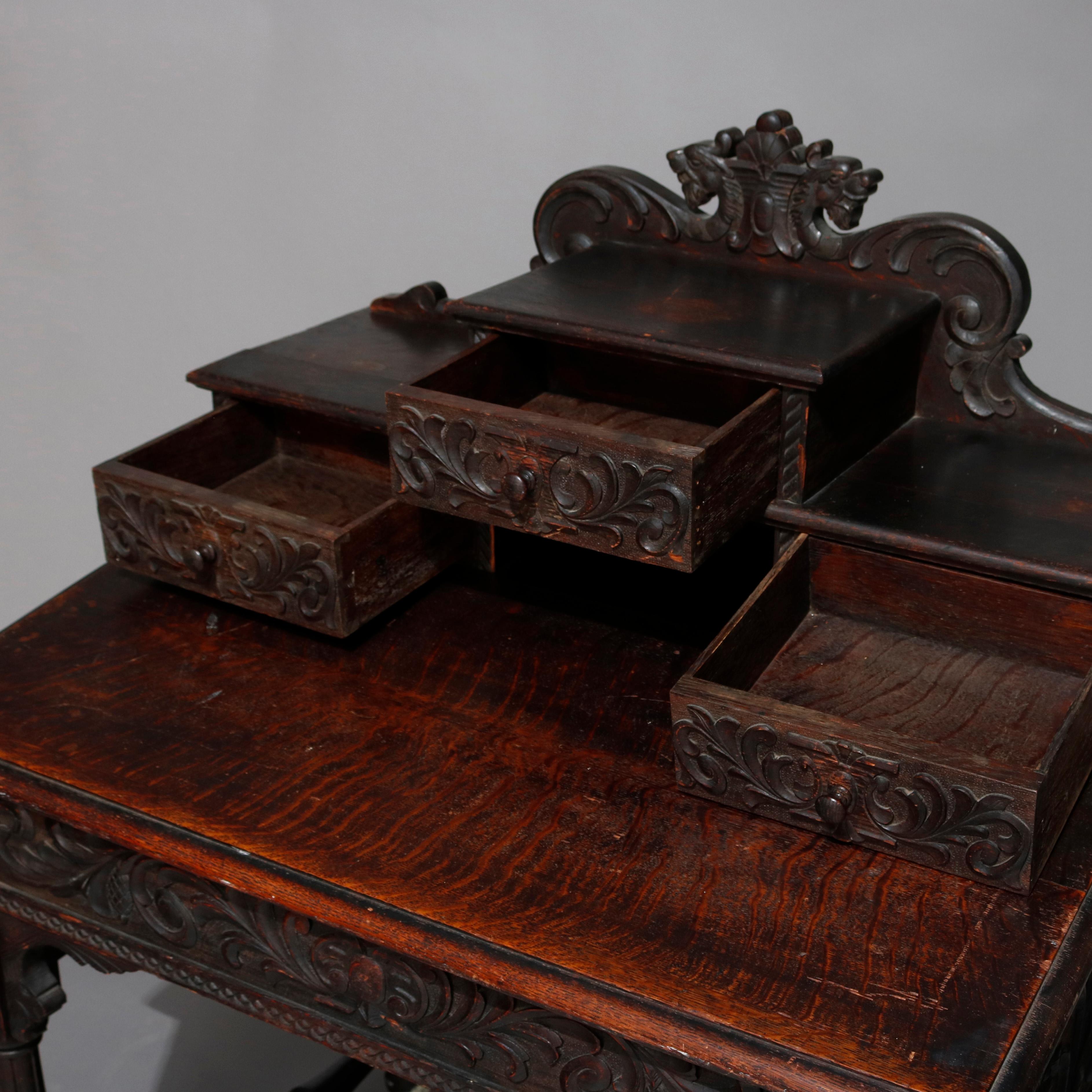 Antique English Baroque Heavily Foliate Carved Slant-Front Plantation Desk 1