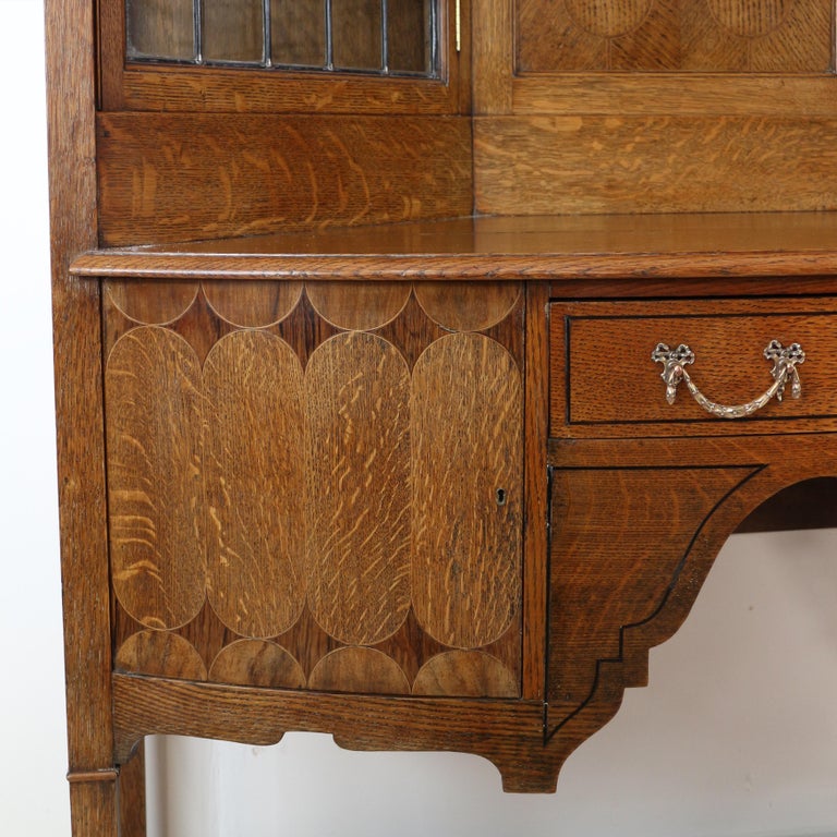 Antique English Bath Cabinet Makers Arts & Crafts Oak & Inlaid Sideboard Cabinet For Sale 2