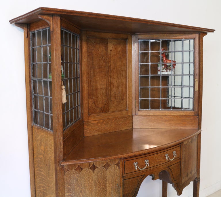 Antique English Bath Cabinet Makers Arts & Crafts Oak & Inlaid Sideboard Cabinet For Sale 6