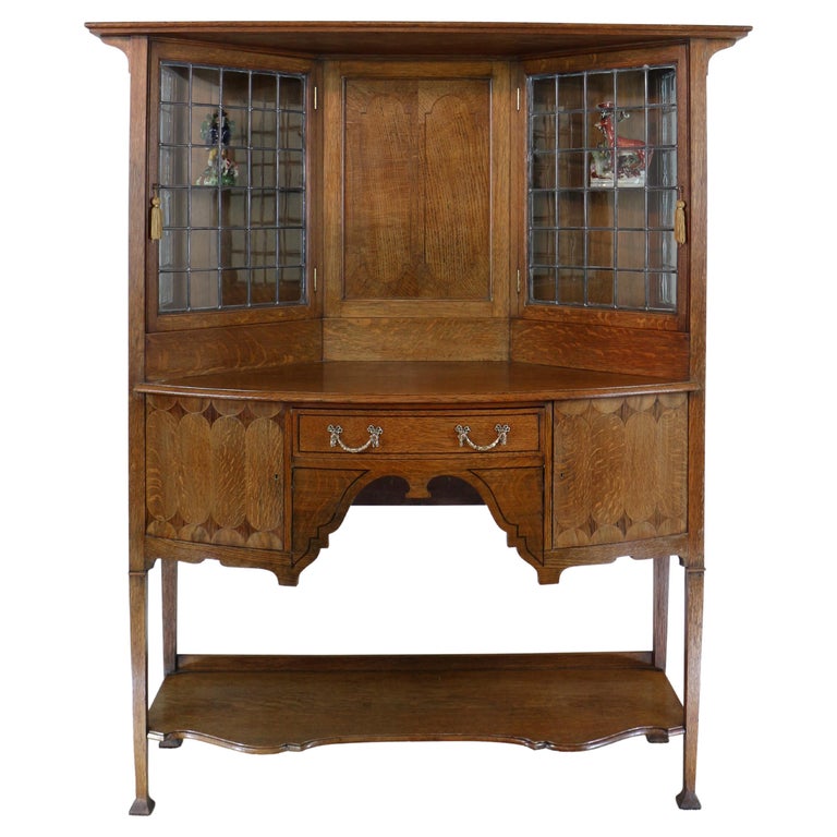 Antique English Bath Cabinet Makers Arts & Crafts Oak & Inlaid Sideboard Cabinet For Sale