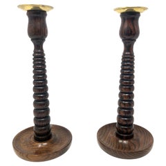 Antique English Beehive Design Carved Oak and Brass Candlesticks Circa 1900-1910