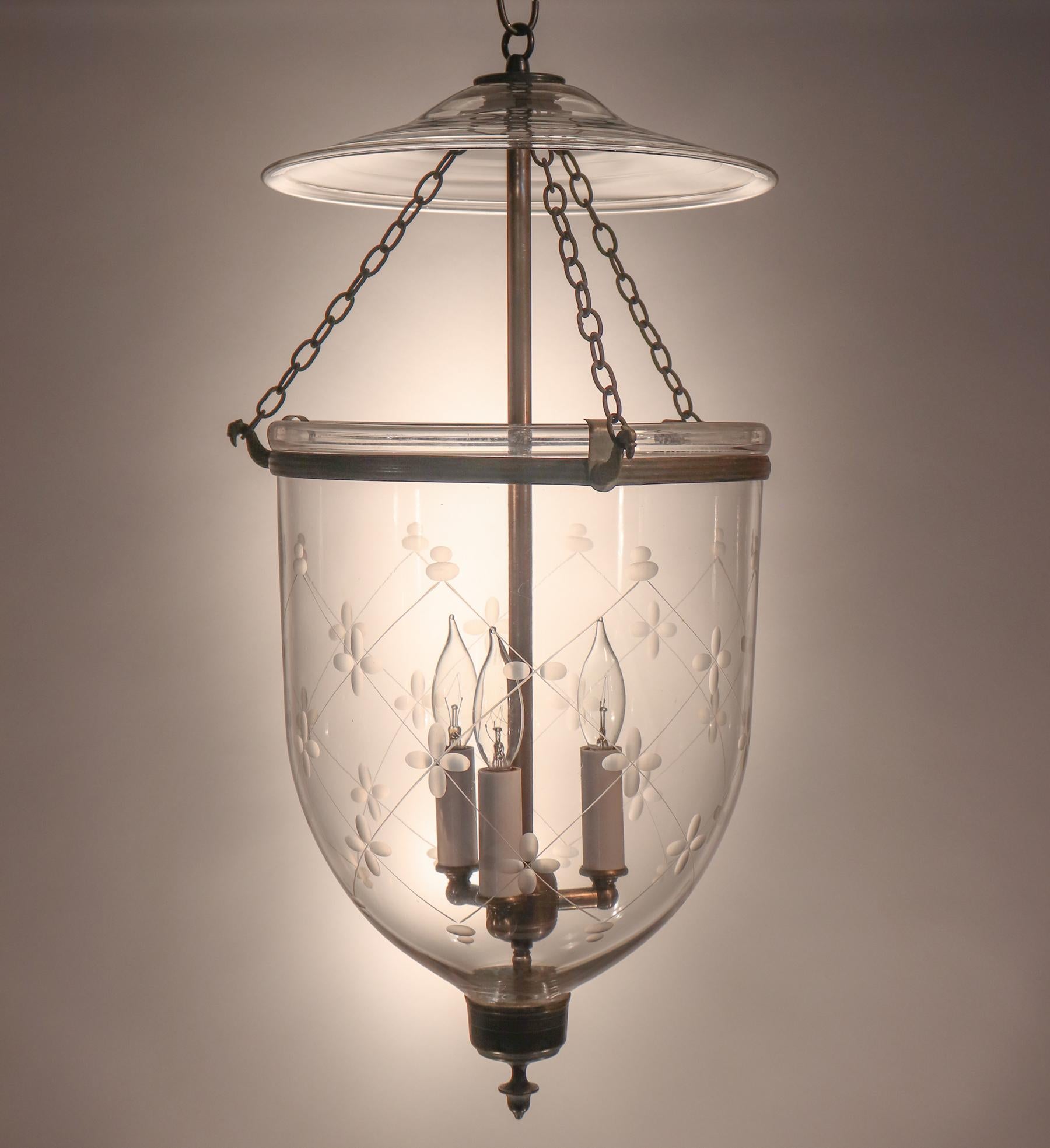 High Victorian Antique English Bell Jar Lantern with Trellis Etching
