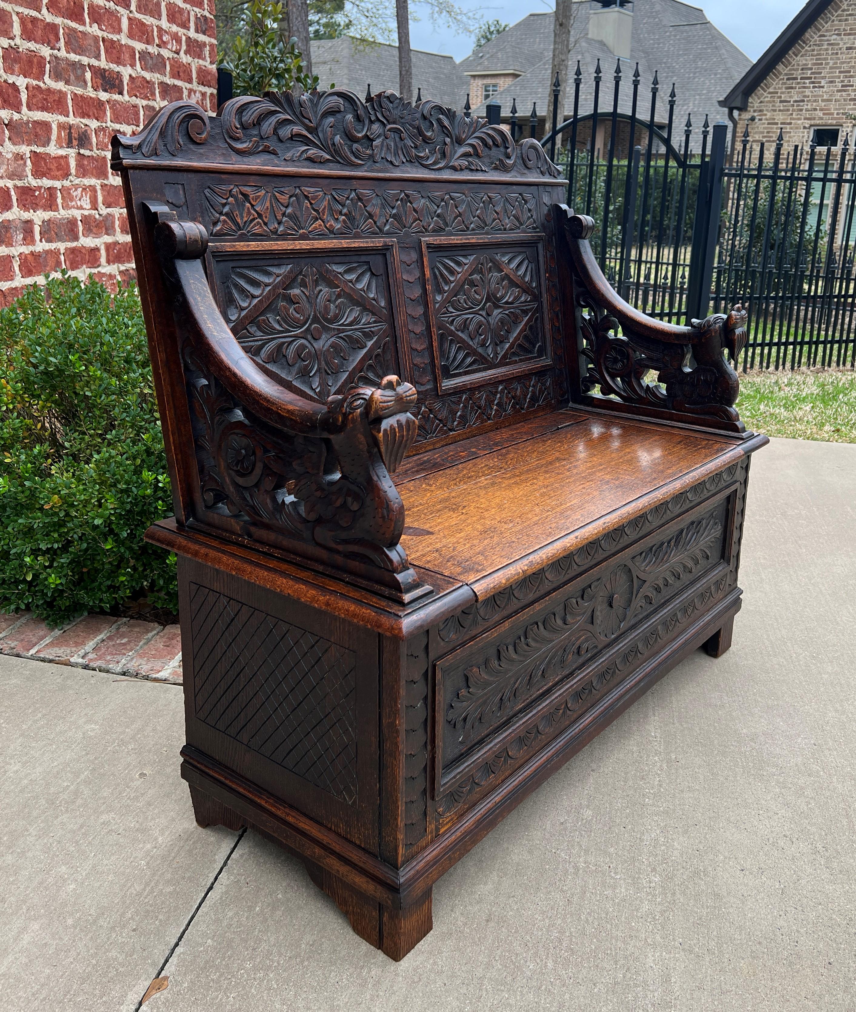 Antique English Bench Chair Settee Hall Bench Renaissance Revival Oak Petite 7
