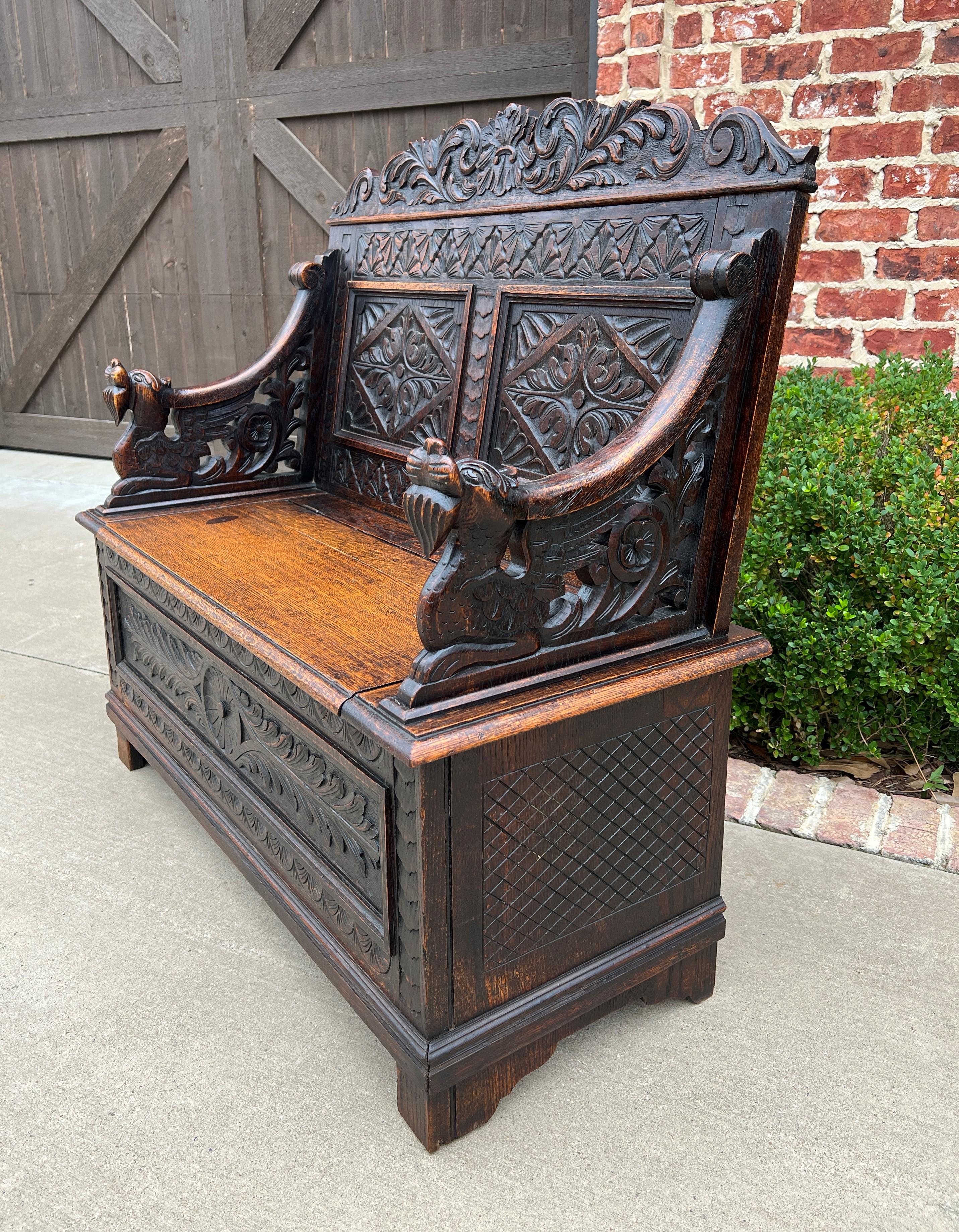 Antique English Bench Chair Settee Hall Bench Renaissance Revival Oak Petite For Sale 9