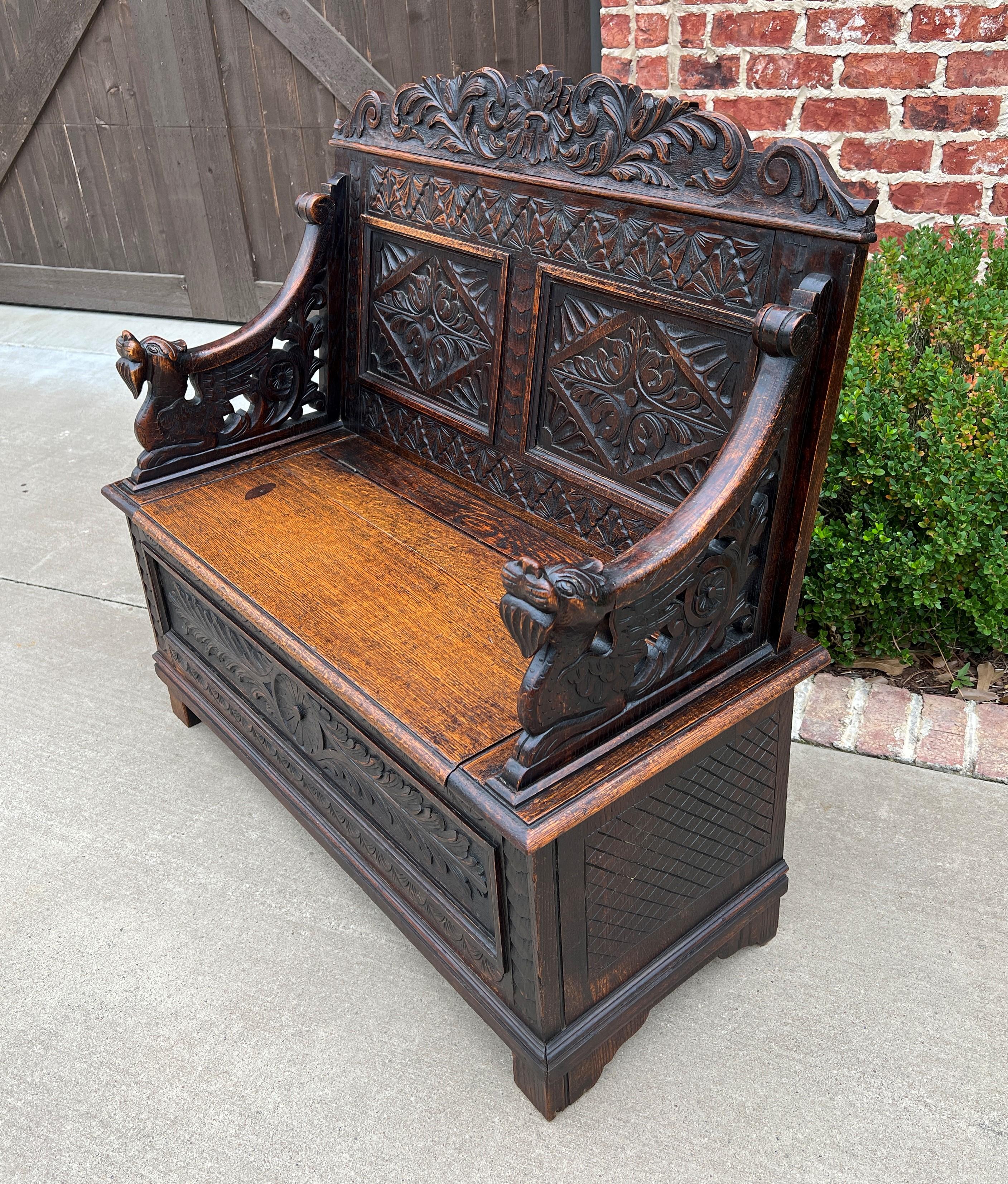 Antique English Bench Chair Settee Hall Bench Renaissance Revival Oak Petite For Sale 11