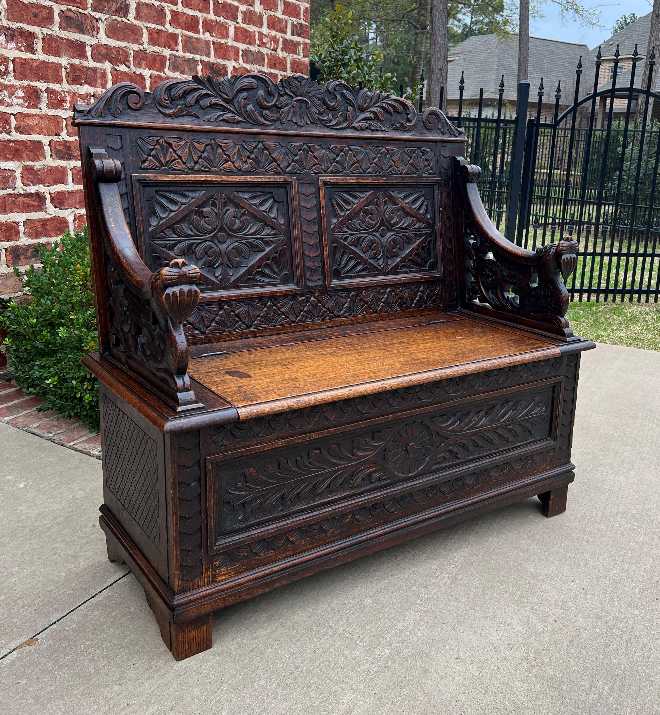 Carved Antique English Bench Chair Settee Hall Bench Renaissance Revival Oak Petite For Sale