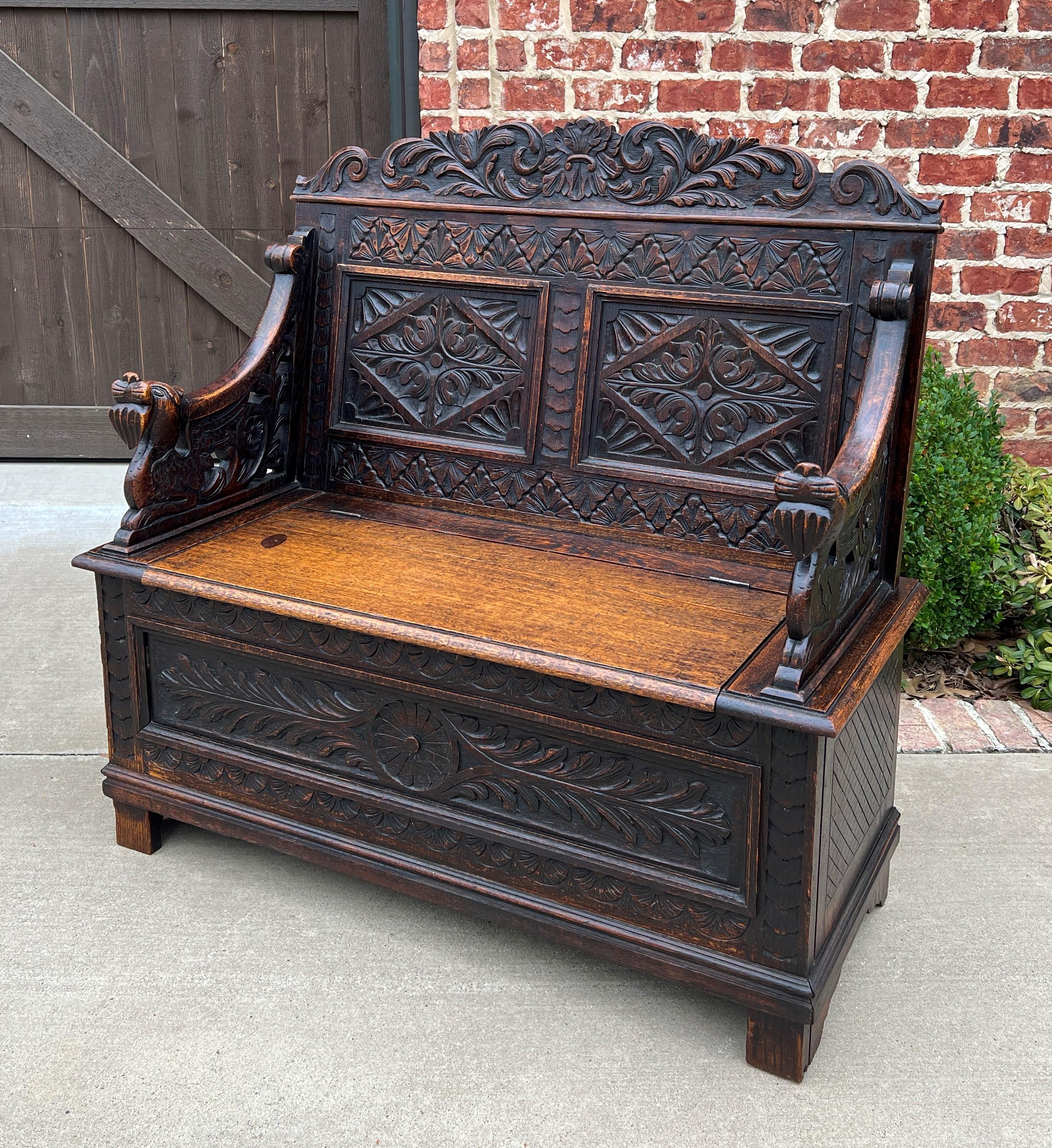 19th Century Antique English Bench Chair Settee Hall Bench Renaissance Revival Oak Petite For Sale