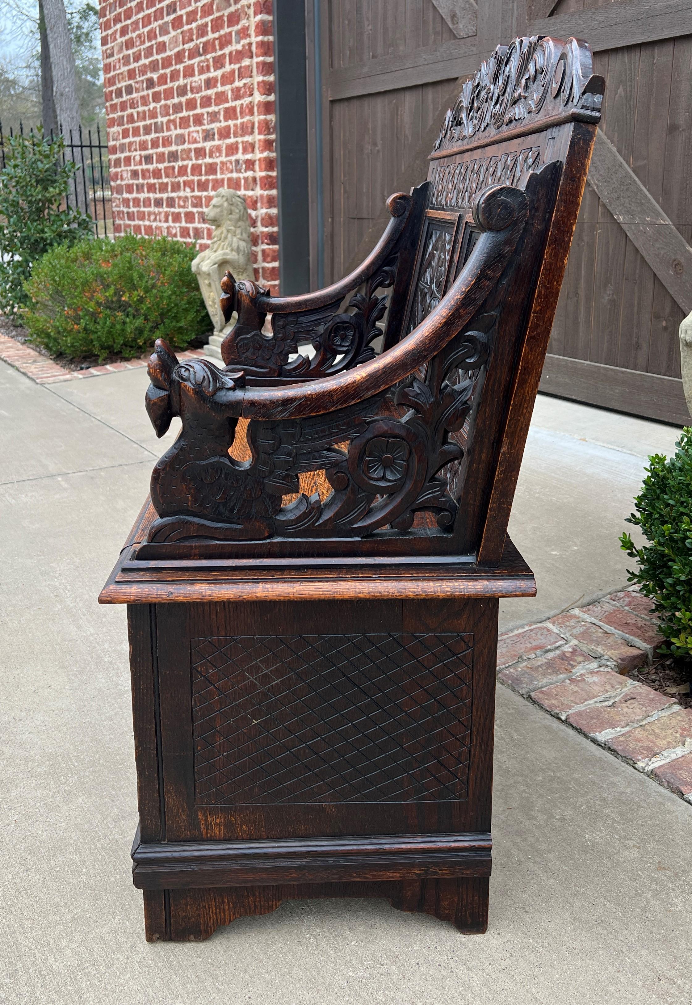 Antique English Bench Chair Settee Hall Bench Renaissance Revival Oak Petite For Sale 2