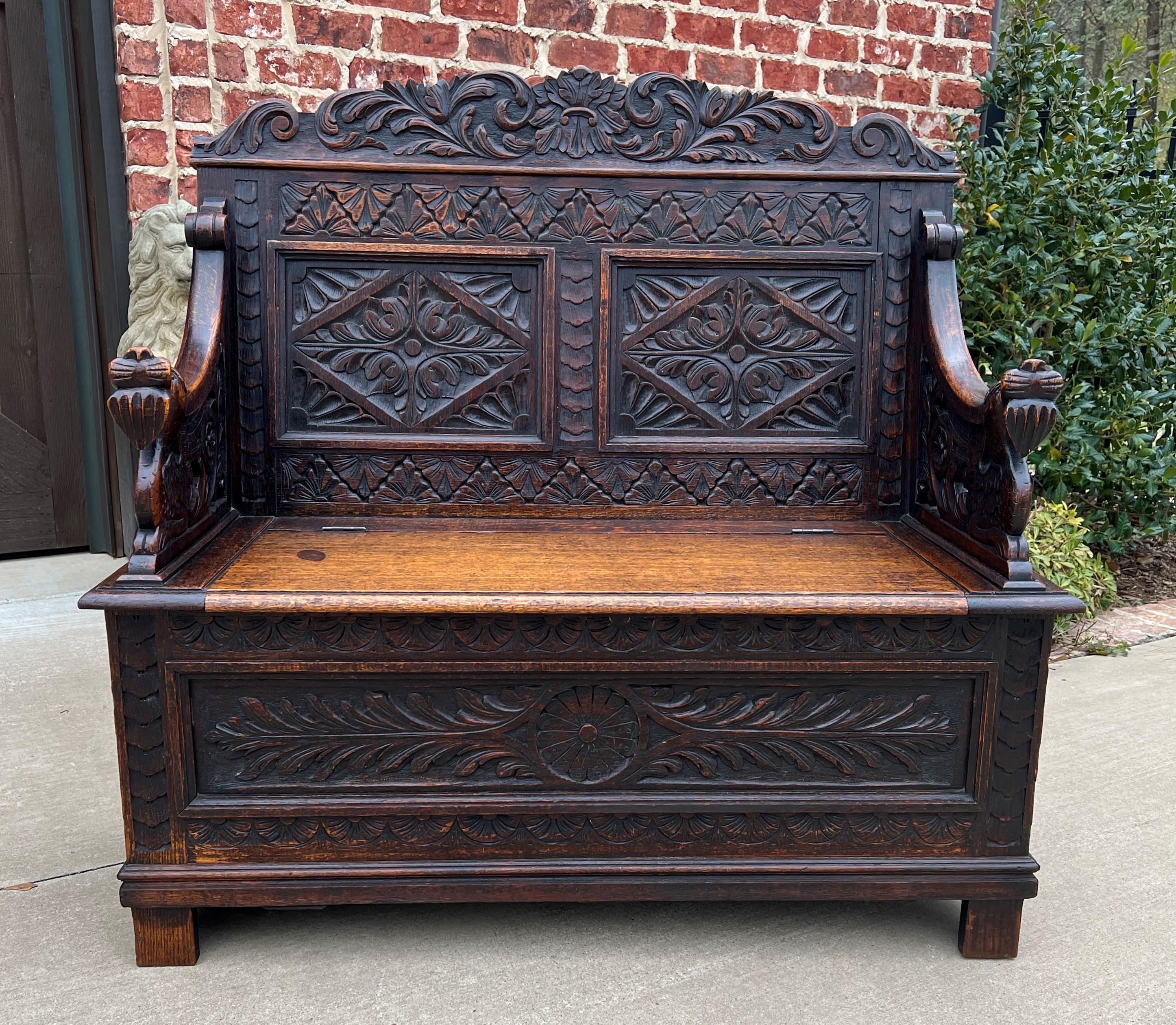 Antique English Bench Chair Settee Hall Bench Renaissance Revival Oak Petite For Sale 4