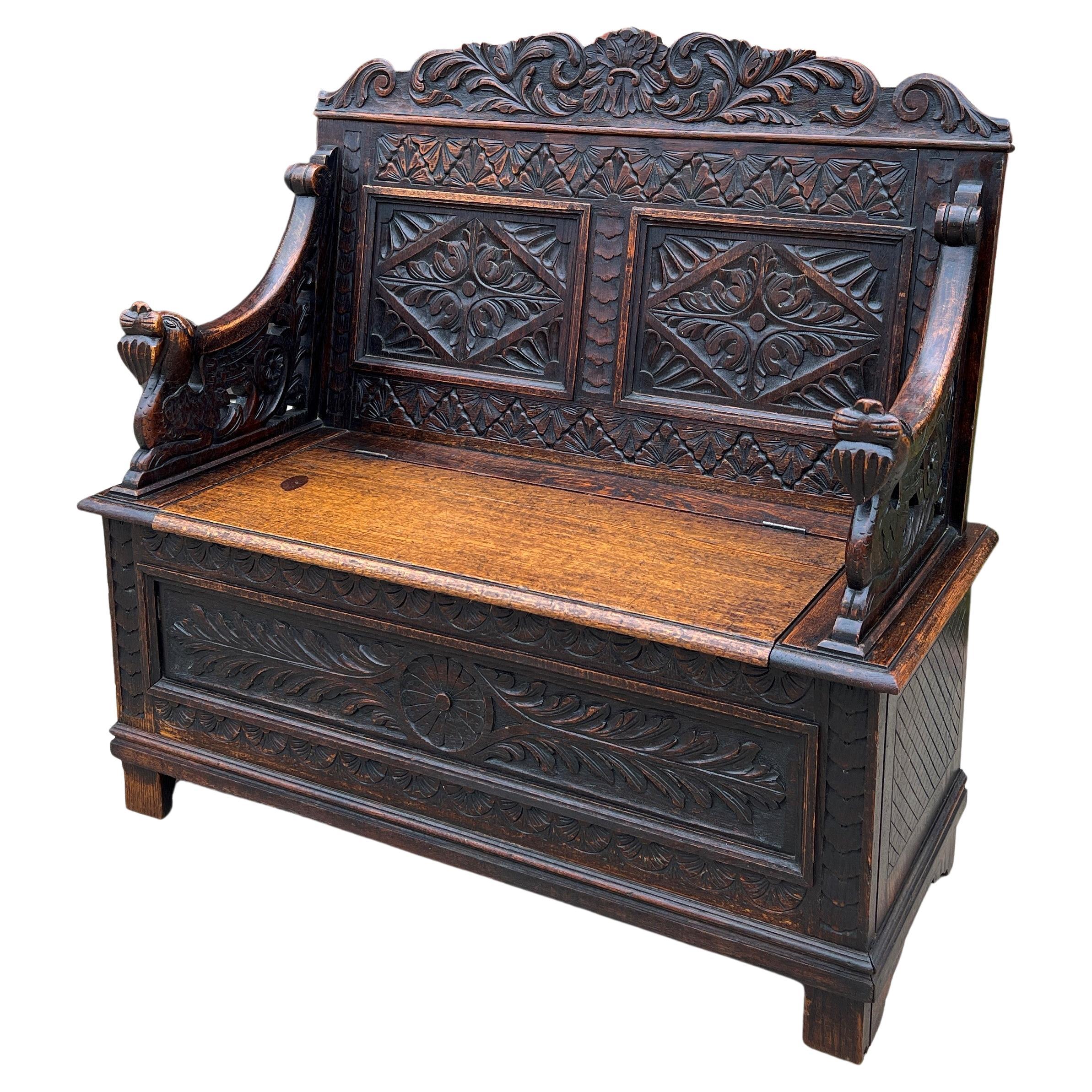 Antique English Bench Chair Settee Hall Bench Renaissance Revival Oak Petite For Sale