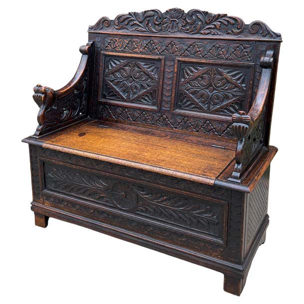 English Bench Antique English Bench Chair Settee Hall Bench Renaissance Revival Oak ...