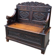 Antique English Bench Chair Settee Hall Bench Renaissance Revival Oak Petite
