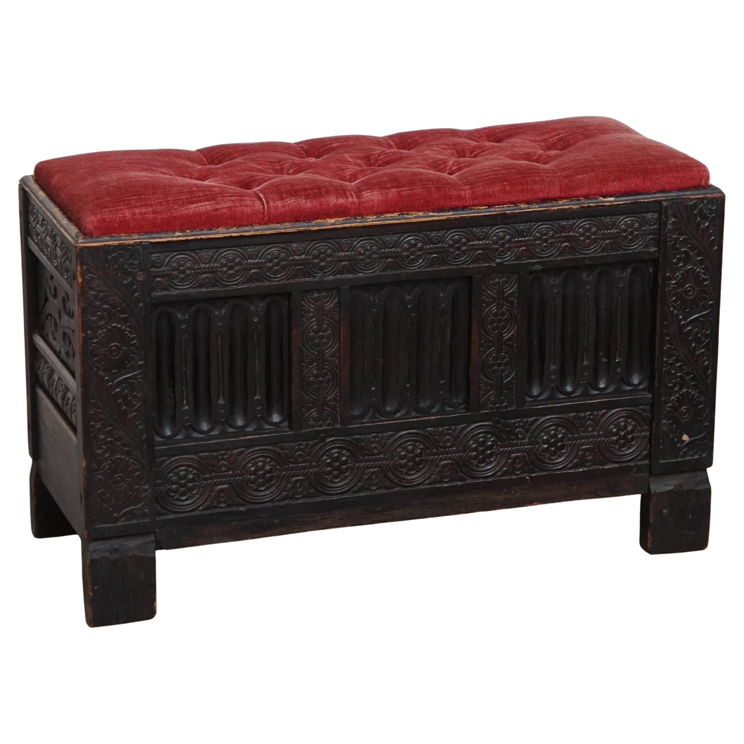 Antique English Bench/Chest with Red Tufted Seat