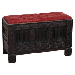 Antique English Bench/Chest with Red Tufted Seat