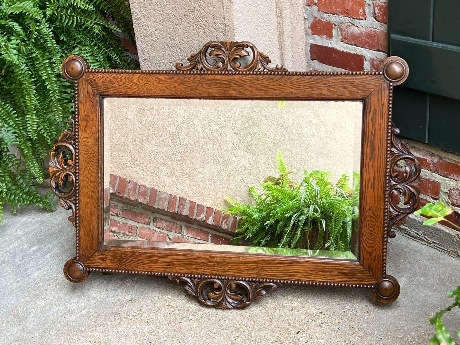 Antique English Beveled Wall Mirror Carved Oak Frame Jacobean Arts & Crafts For Sale 8