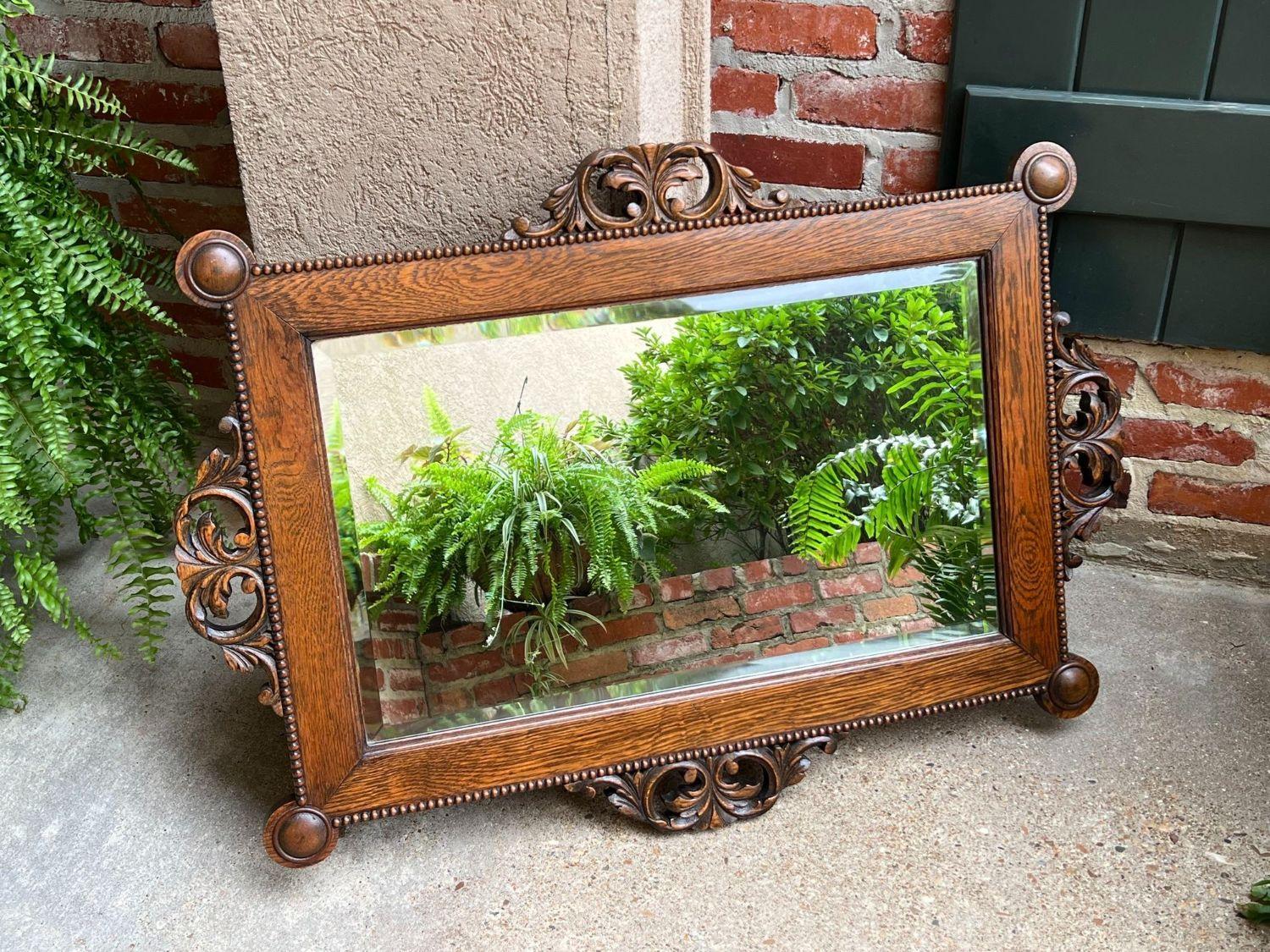 Antique English Beveled Wall Mirror Carved Oak Frame Jacobean Arts & Crafts For Sale 9