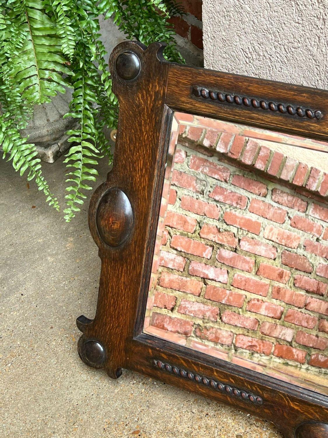 Antique English Beveled Wall Mirror Carved Oak Frame Jacobean Arts & Crafts 9