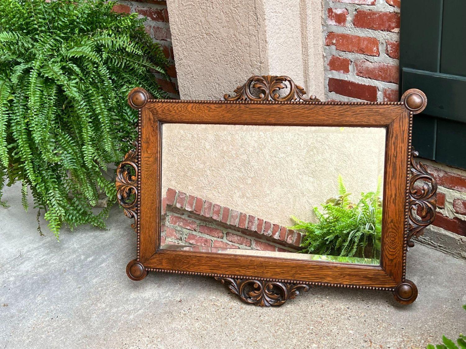 Antique English Beveled Wall Mirror Carved Oak Frame Jacobean Arts & Crafts For Sale 10