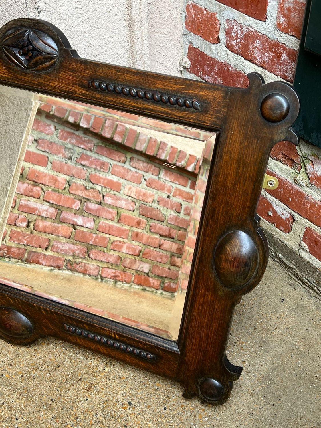 Antique English Beveled Wall Mirror Carved Oak Frame Jacobean Arts & Crafts 10