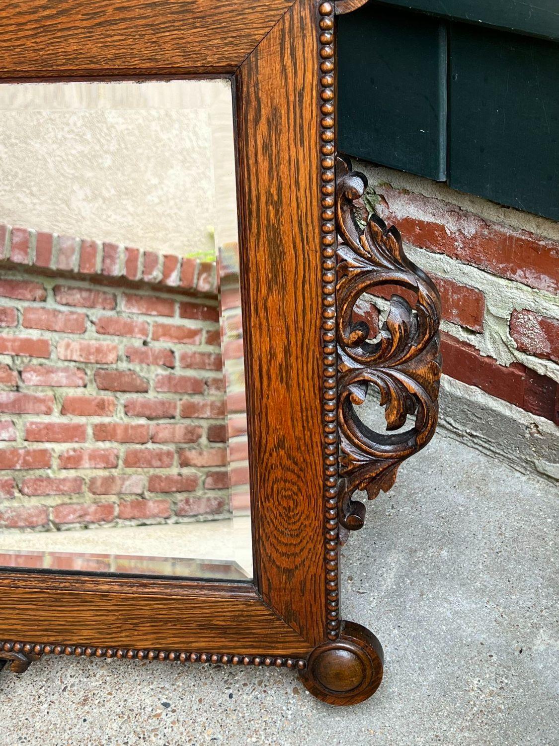 Antique English Beveled Wall Mirror Carved Oak Frame Jacobean Arts & Crafts For Sale 12