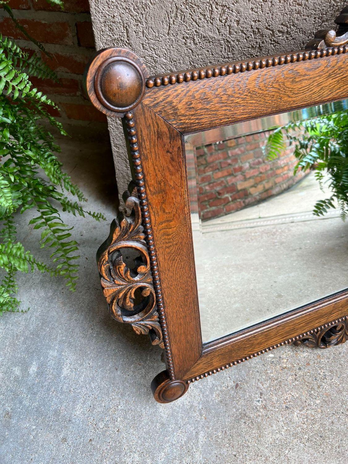 Antique English Beveled Wall Mirror Carved Oak Frame Jacobean Arts & Crafts For Sale 14