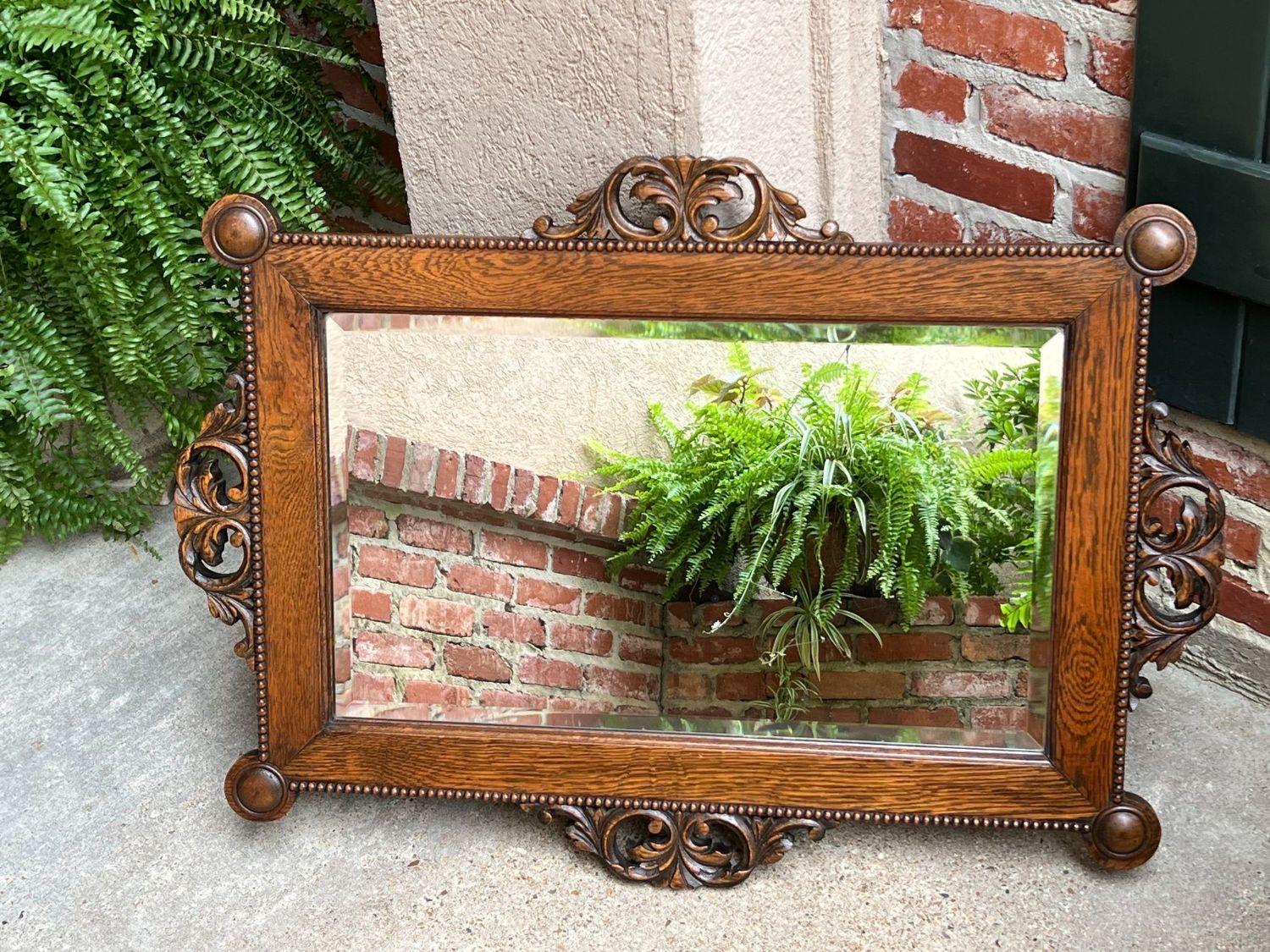 Antique English Beveled Wall Mirror Carved Oak Frame Jacobean Arts & Crafts In Good Condition For Sale In Shreveport, LA