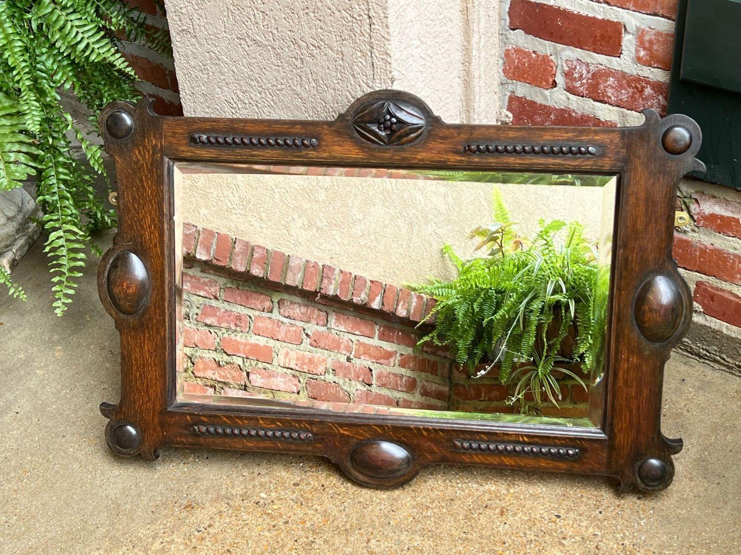 Antique English Beveled Wall Mirror Carved Oak Frame Jacobean Arts & Crafts 1