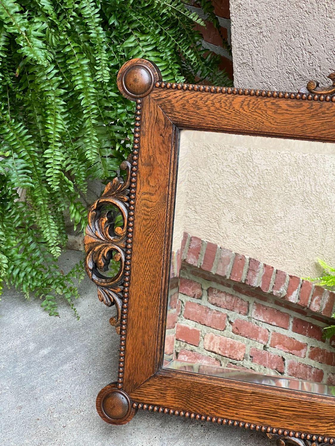 Antique English Beveled Wall Mirror Carved Oak Frame Jacobean Arts & Crafts For Sale 2
