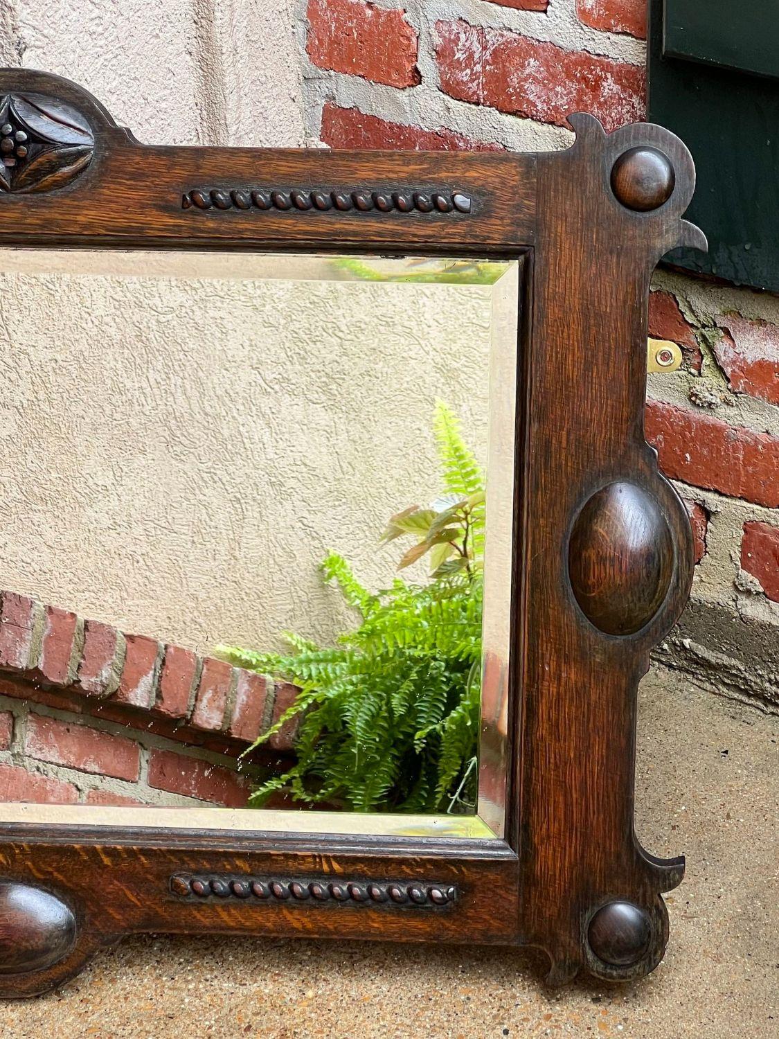 Antique English Beveled Wall Mirror Carved Oak Frame Jacobean Arts & Crafts 3
