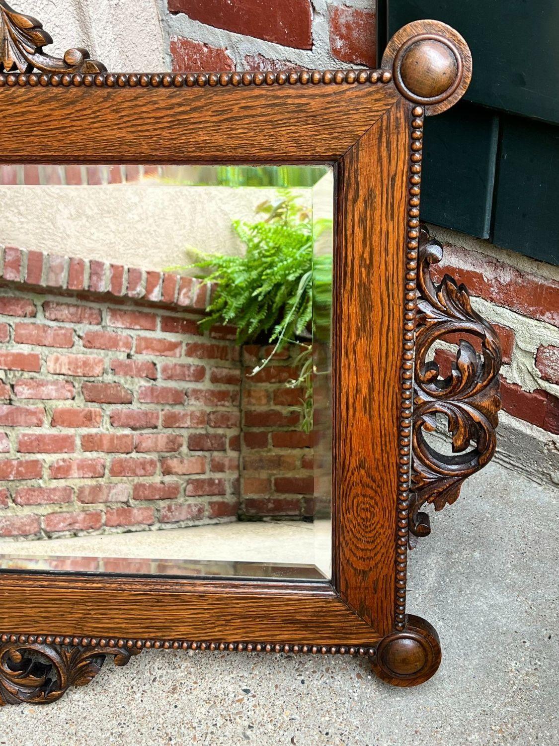 Antique English Beveled Wall Mirror Carved Oak Frame Jacobean Arts & Crafts For Sale 4
