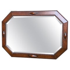 Antique English Beveled Wall Mirror Carved Oak Octagon Frame Jacobean