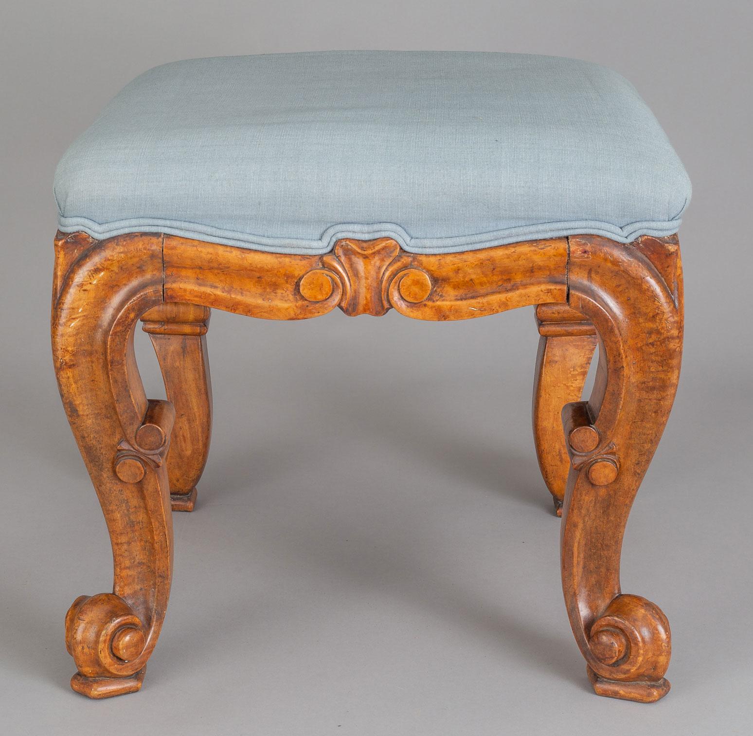 Carved Antique English Bird's Eye Maple Stool For Sale