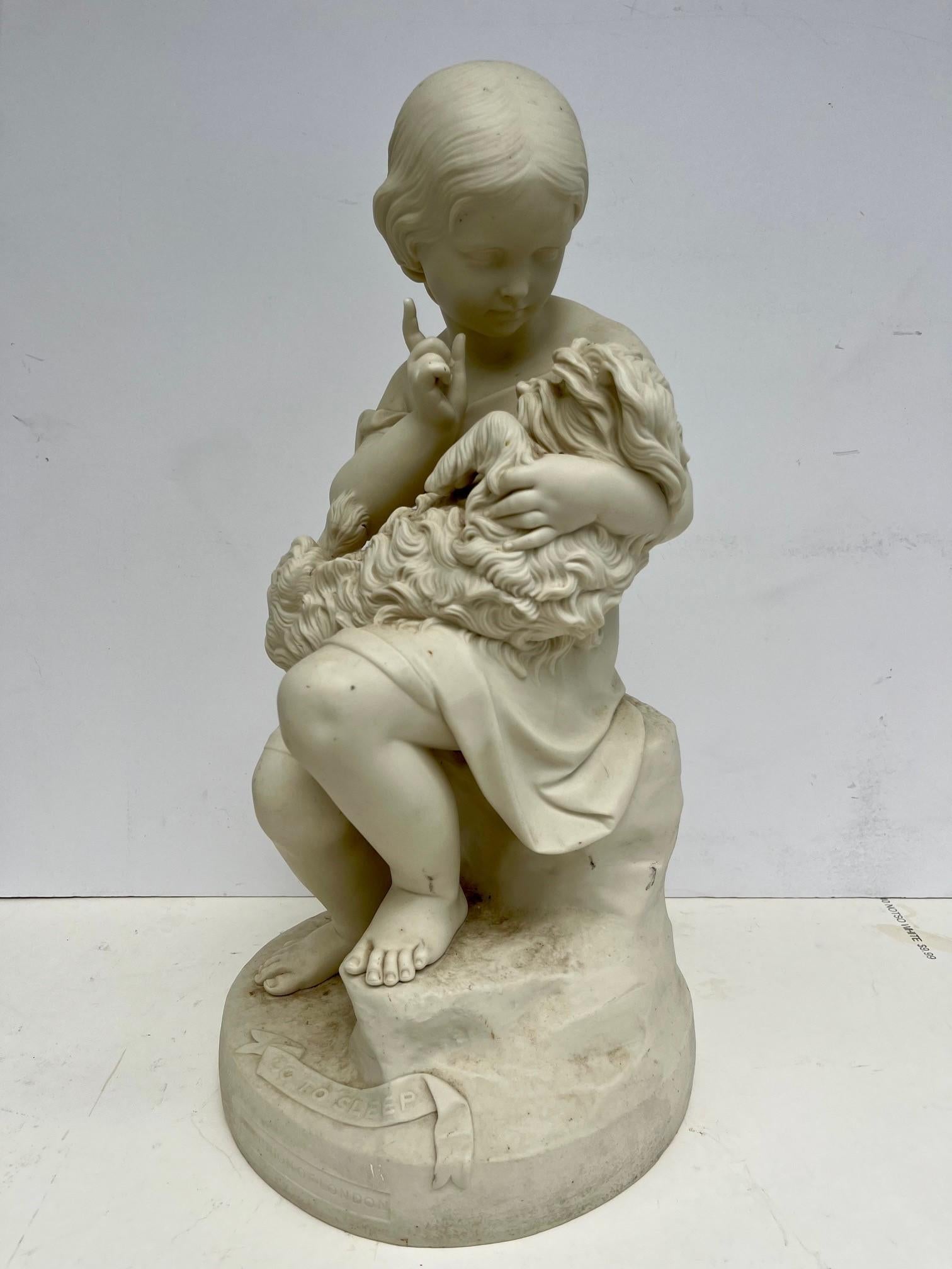 Antique English Bisque Sculpture Signed J. Durham 1814-1877.

Copland bisque sculpture titled, “Go to Sleep“ was made for the Art Union of London. It depicts a charming scene of a young girl with her dog. The figure was sculpted after the original