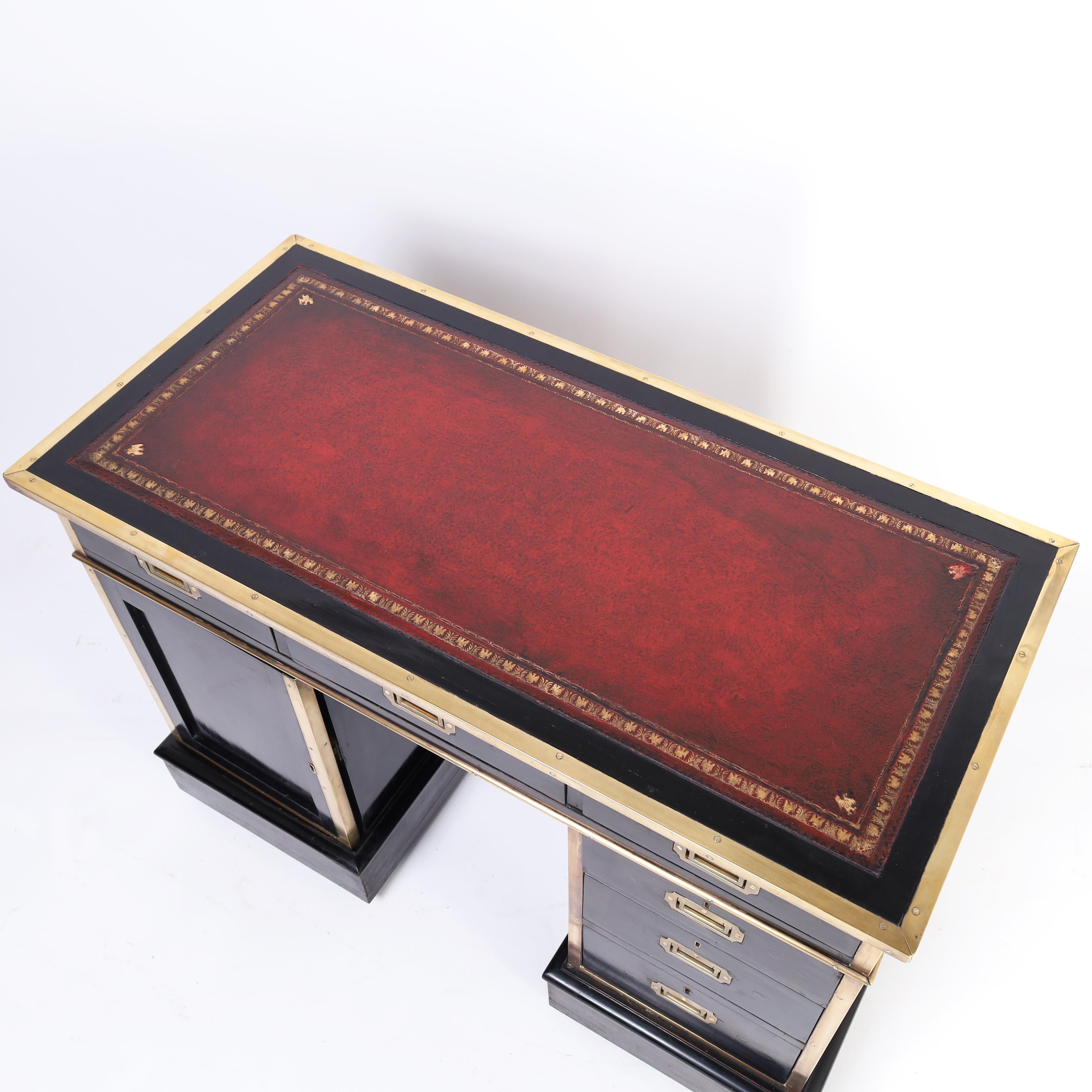 Lacquered Antique English Black Lacquer Leather Top Campaign Desk