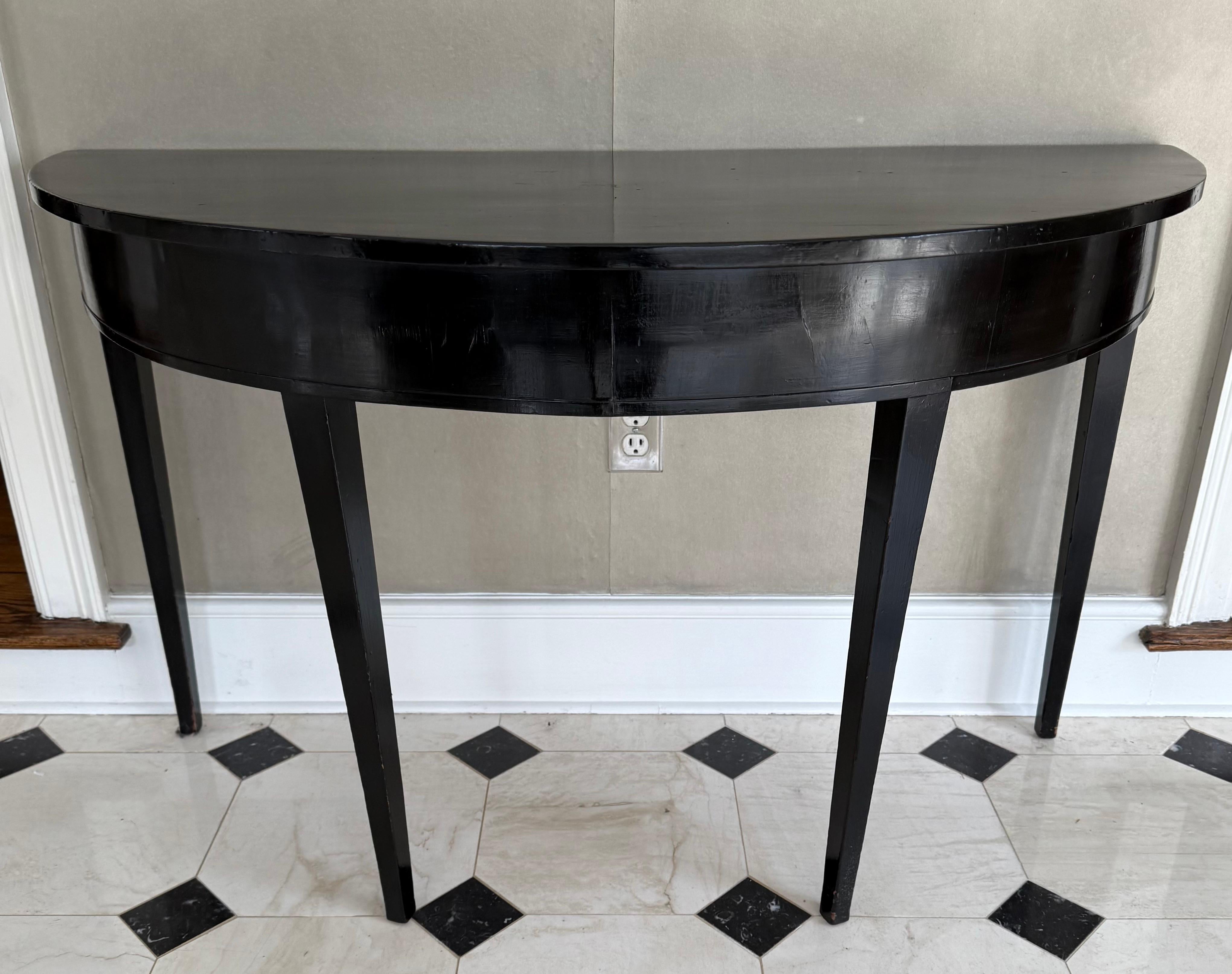 Wood Antique English Black Lacquered Half Round Demilune Demi-lune Console Table