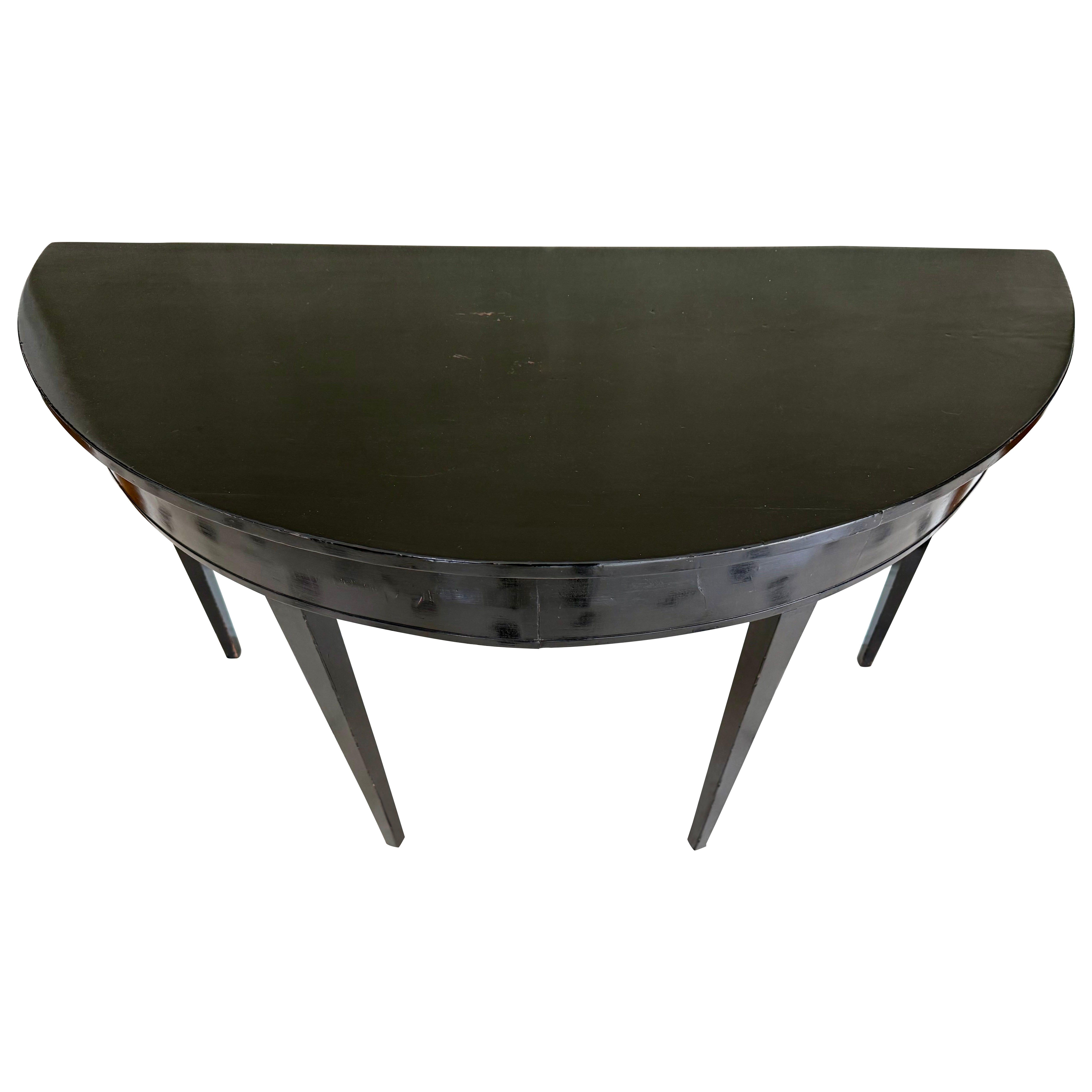 Antique English Black Lacquered Half Round Demilune Demi-lune Console Table